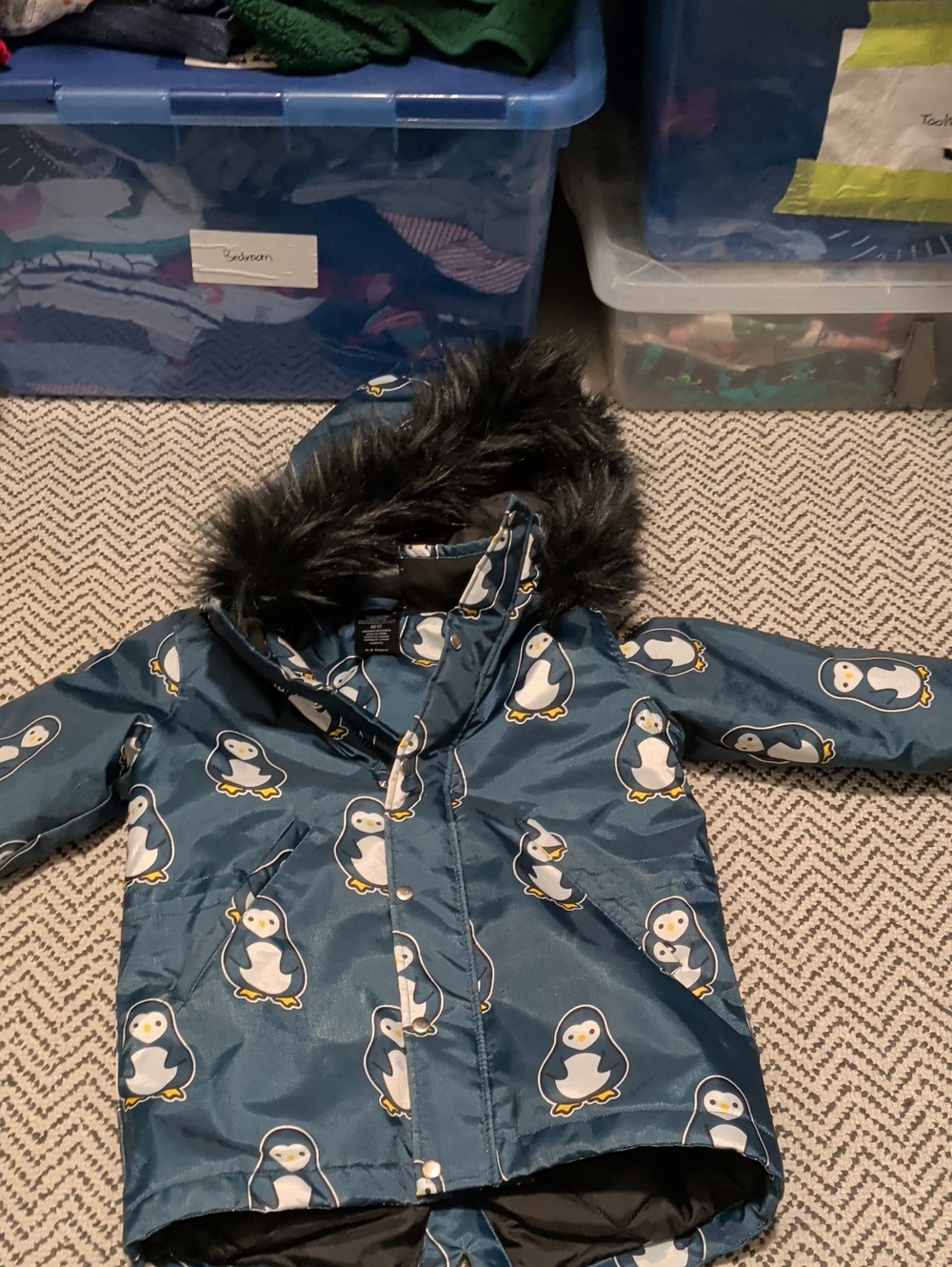 Kids Teal Penguin-Print Hooded Puffer Coat with Faux-Fur Trim